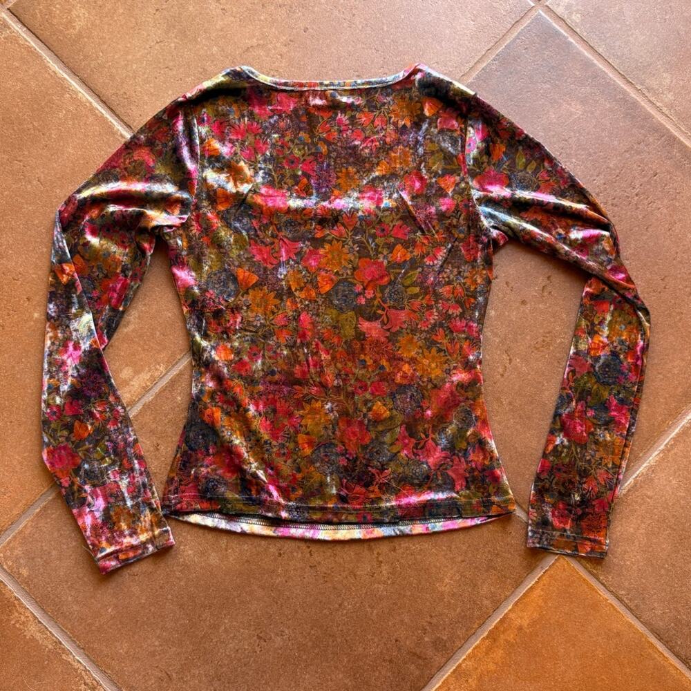 Natural Life Floral Stretch Velvet Colorful Square Neck Top "Danielle" size S - Picture 9 of 10